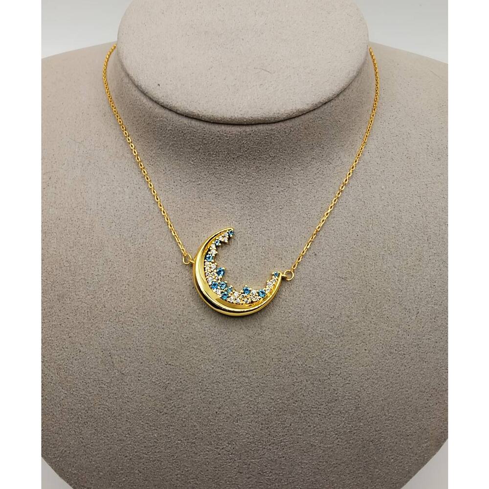 18K Gold Over 925 Silver CZ Crescent Moon Necklace Blue Clear 18”+2”